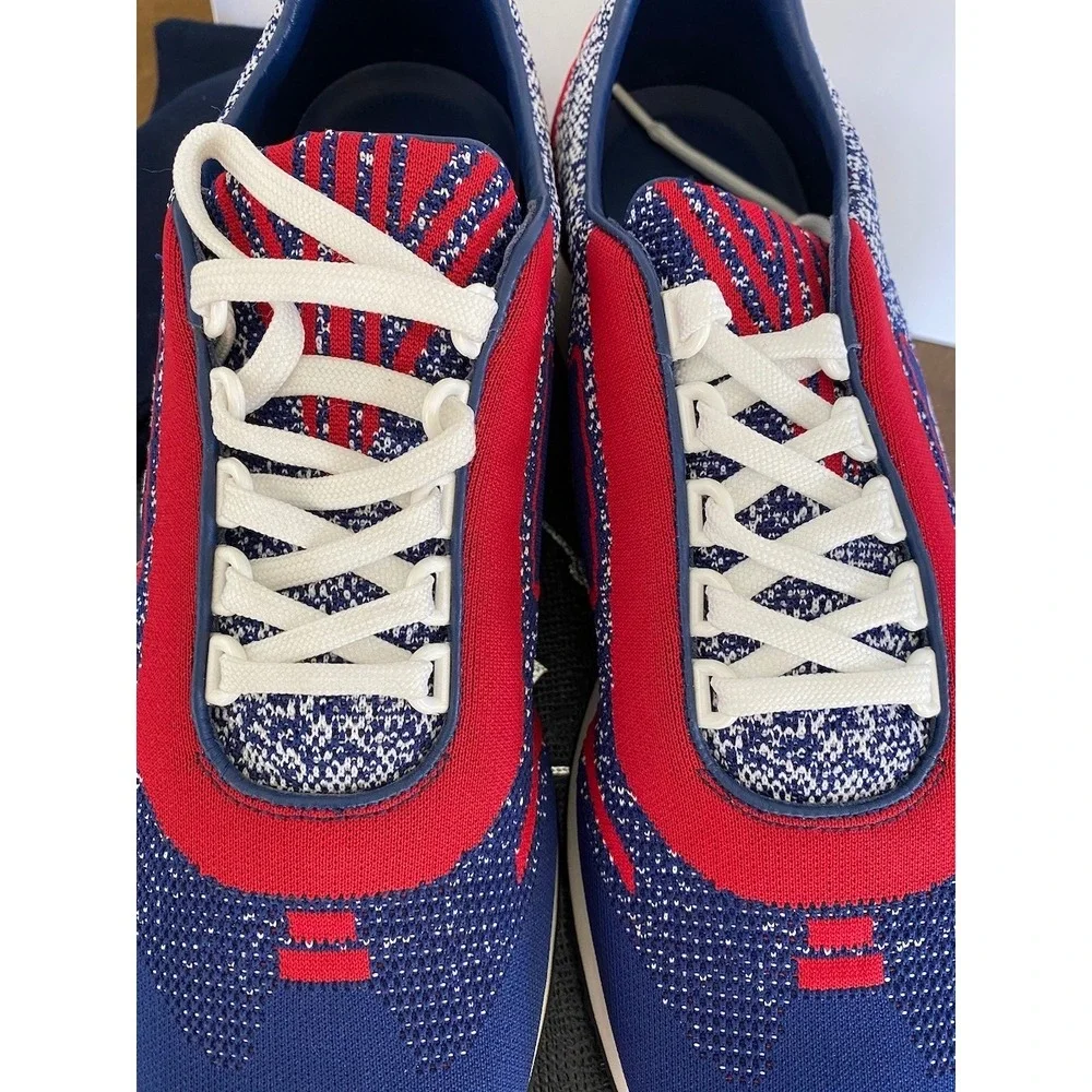 PRADA 2EG272 RED‎ BLUE FABRIC TRAINERS KNIT LOGO LACE UP SNEAKERS UK 7